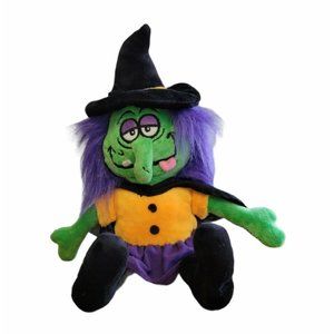 Halloween Dizzy Witch Plush Green Purple Hair Tongue Out Happy Haunters EUC 12"